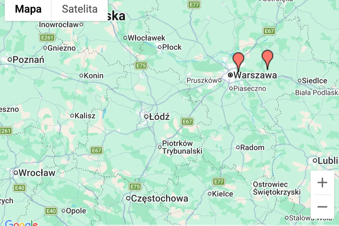 Mapa Polski z zaznaczonymi siedzibami KAFAR w Zielonce i w Dobrem